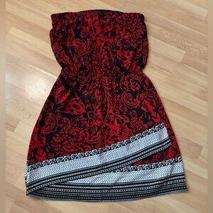 EXPRESS Strapless Ruched Dress Small Red Black Damask Floral Border Print Mini